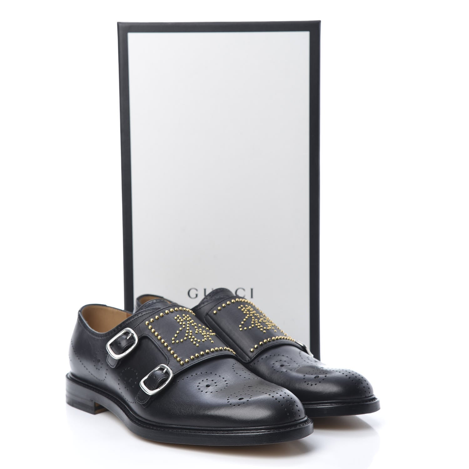 Gucci Calfskin Perforated Studded Mens Medallion Toe Double Monk Strap Loafers 8 Black 9 of 9