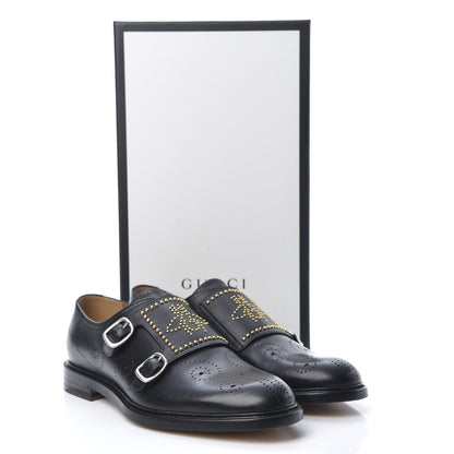 Gucci Calfskin Perforated Studded Mens Medallion Toe Double Monk Strap Loafers 8 Black 9 of 9