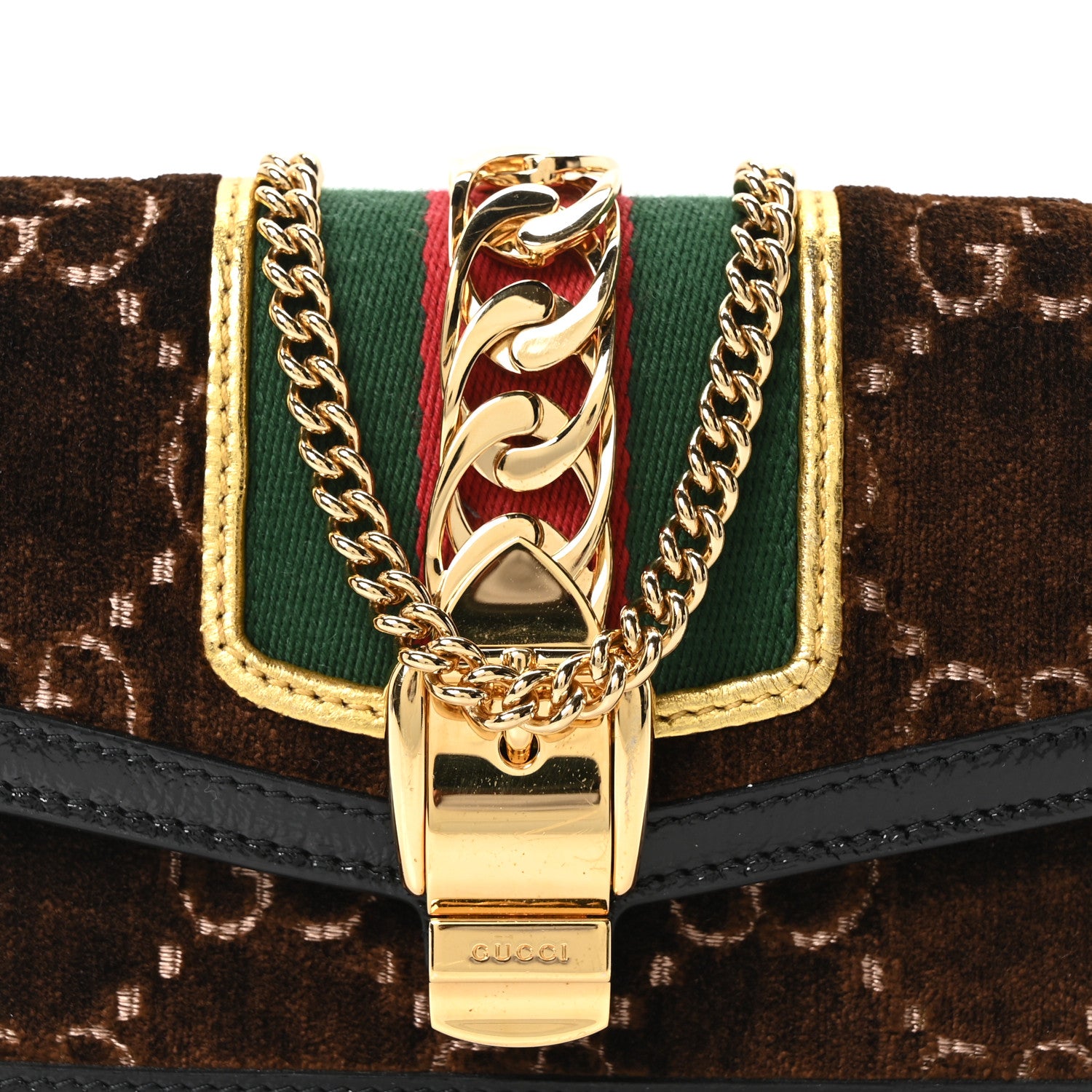 Gucci Velvet GG Monogram Web Super Mini Sylvie Chain Shoulder Bag Brown Black Oro Vecchio 8 of 10