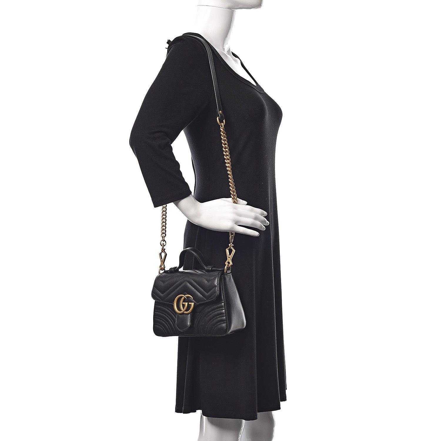 Gucci Calfskin Matelasse Mini GG Marmont Top Handle Shoulder Bag Black 2 of 10