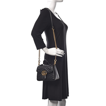 Gucci Calfskin Matelasse Mini GG Marmont Top Handle Shoulder Bag Black 2 of 10