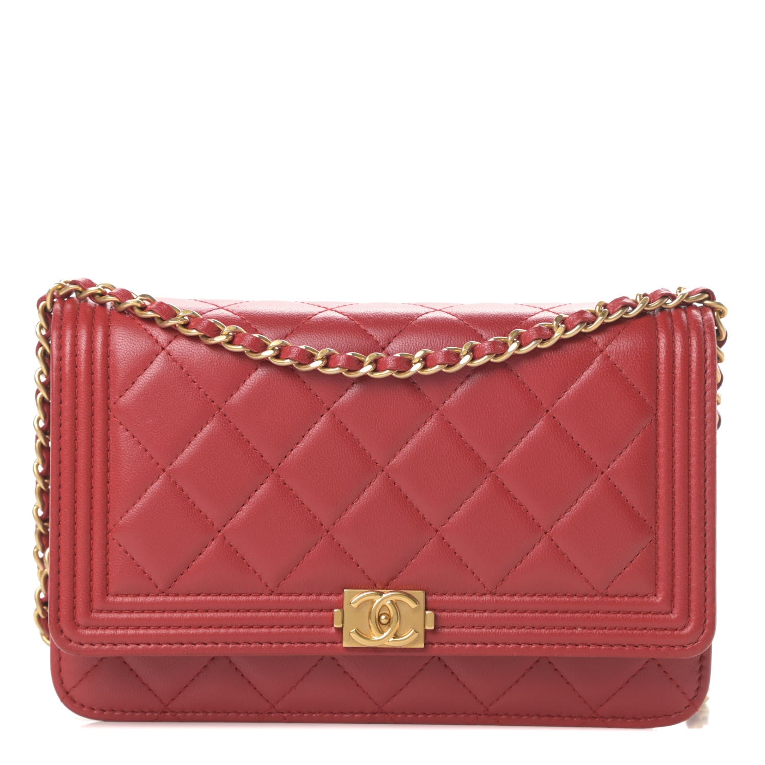 Chanel Lambskin Quilted Boy Wallet On Chain WOC Red 1 of 14