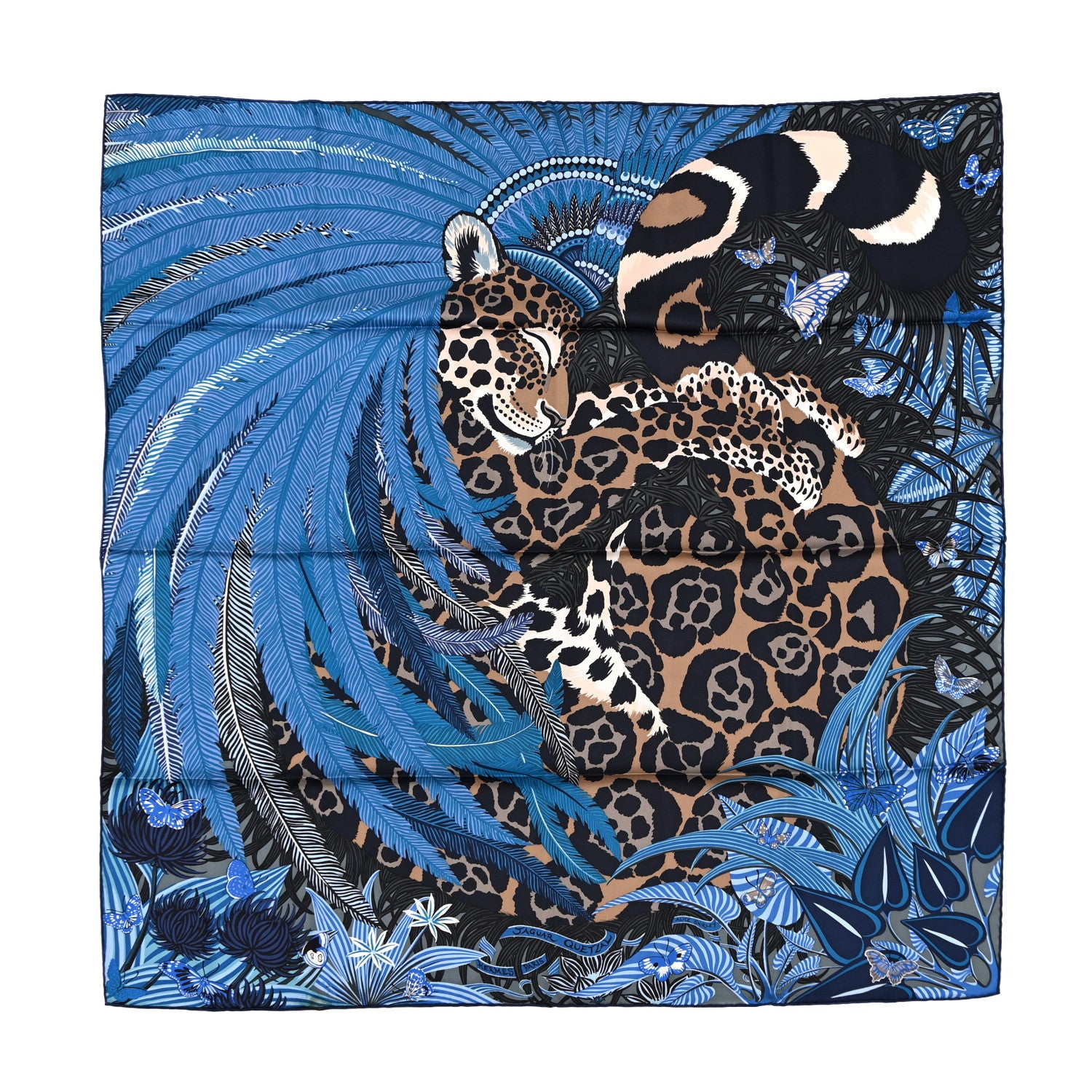 Hermes Silk Jaguar Quetzal Scarf 90 Bleu Jean Camel Marine 1 of 3