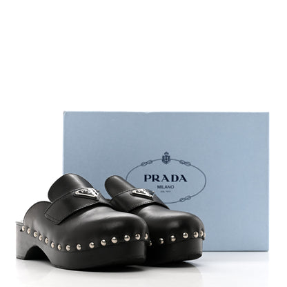 Prada Natural Calfskin Metal Triangle Logo 45mm Clogs 38 Black 12 of 12