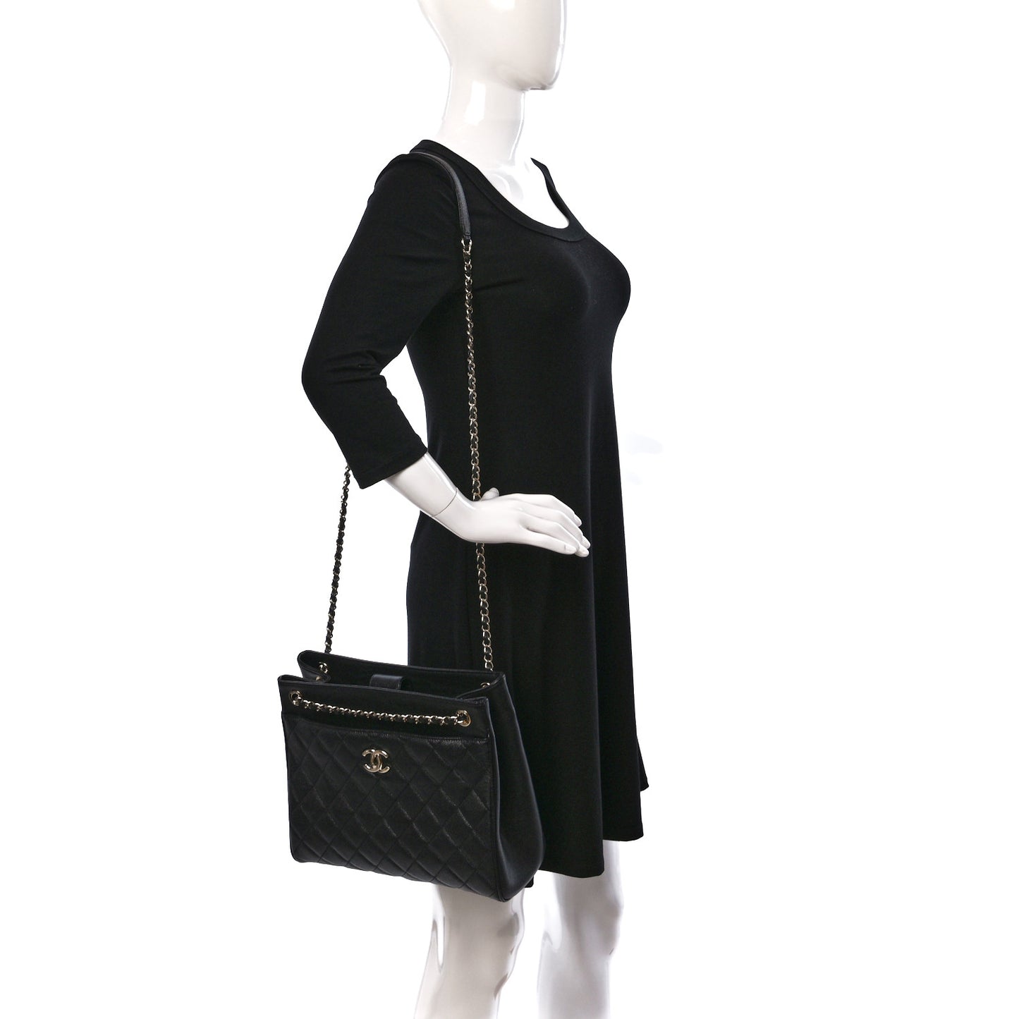 Caviar Quilted In Out Flap Shopping Tote Black