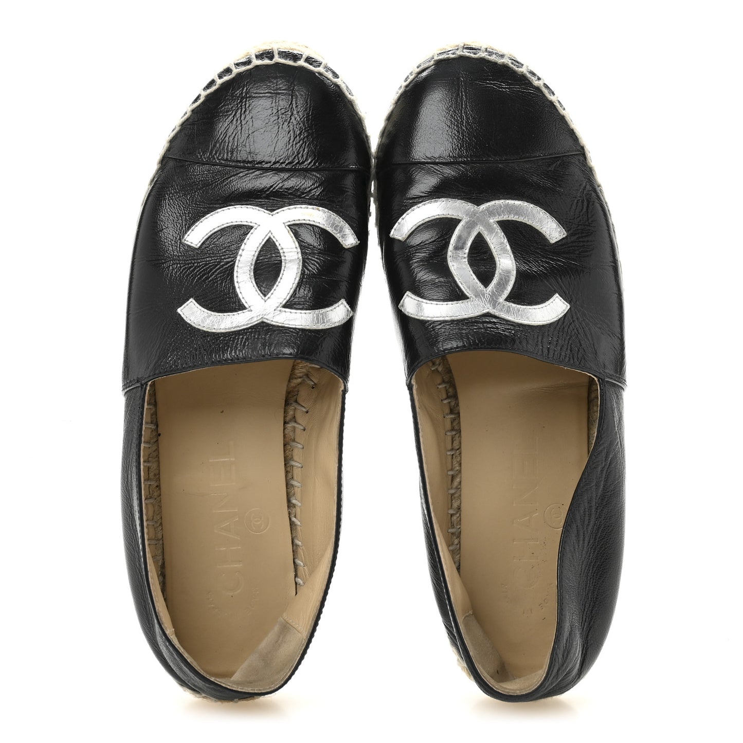Patent Calfskin Metallic Goatskin CC Espadrilles 36 Black Silver