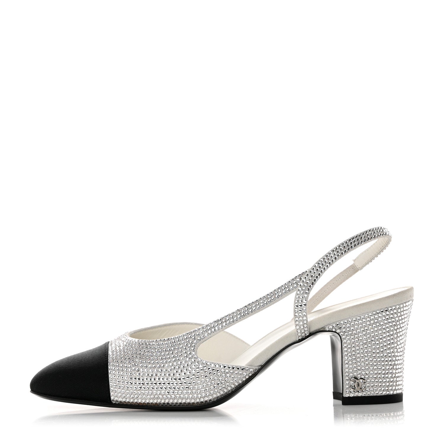 Chanel Strass Grosgrain Cap Toe CC Slingback Pumps 39.5 Silver Black 1 of 9