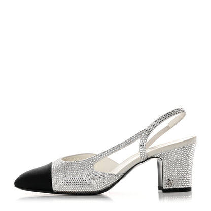 Chanel Strass Grosgrain Cap Toe CC Slingback Pumps 39.5 Silver Black 1 of 9