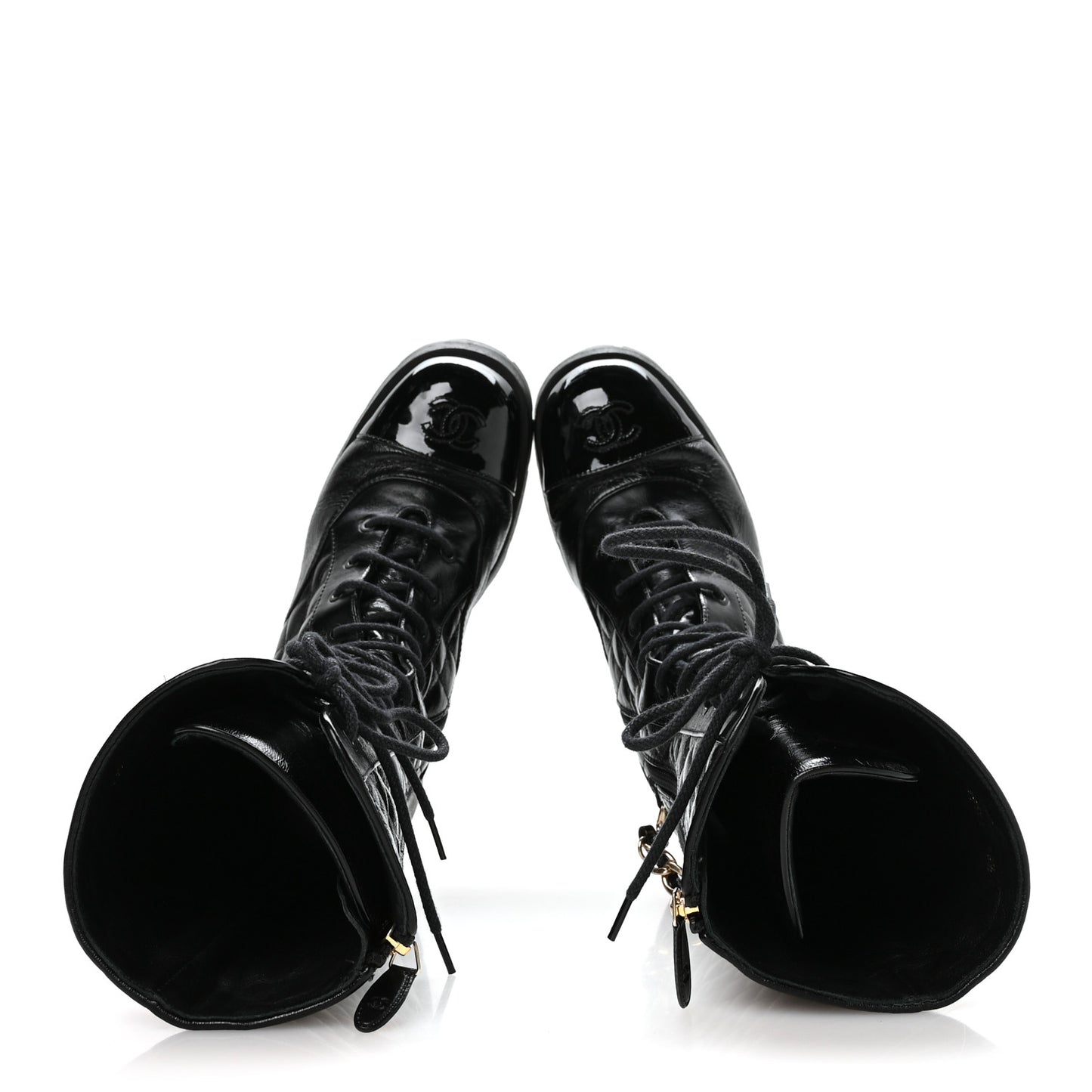 Shiny Calfskin Patent Quilted Chain Lace Up Combat Long Boots 38.5 Black