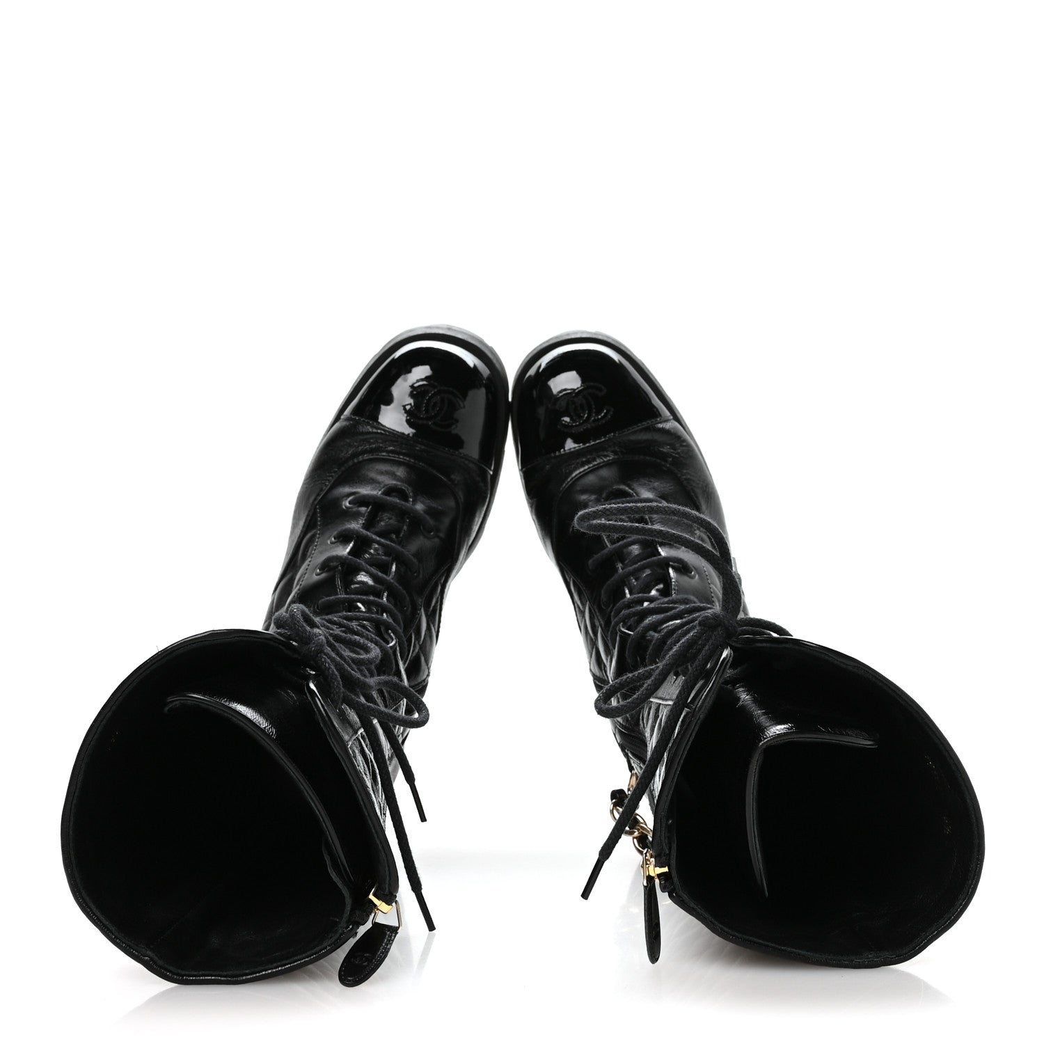 Chanel Shiny Calfskin Patent Quilted Chain Lace Up Combat Long Boots 38.5 Black 2 of 8