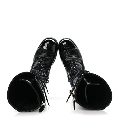 Chanel Shiny Calfskin Patent Quilted Chain Lace Up Combat Long Boots 38.5 Black 2 of 8