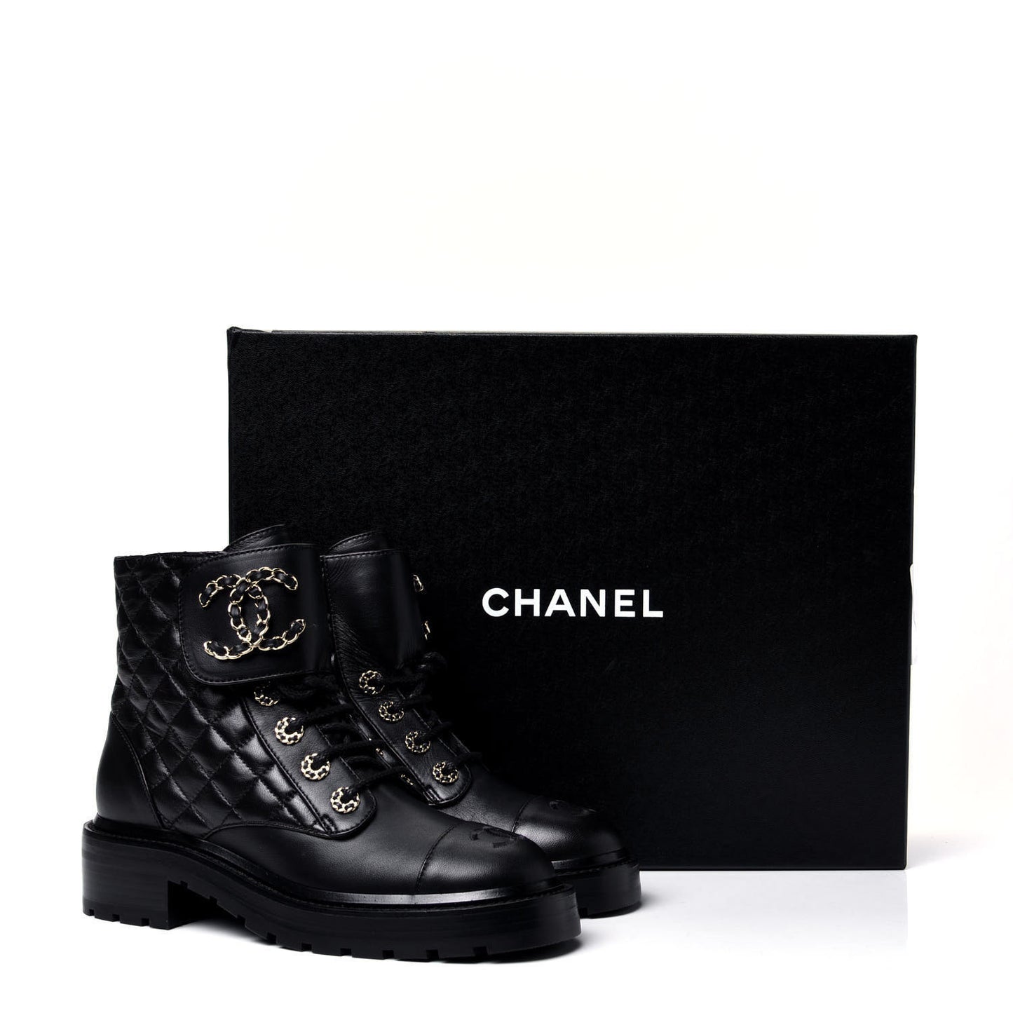 Shiny Lambskin Quilted Lace Up Combat Boots 36 Black