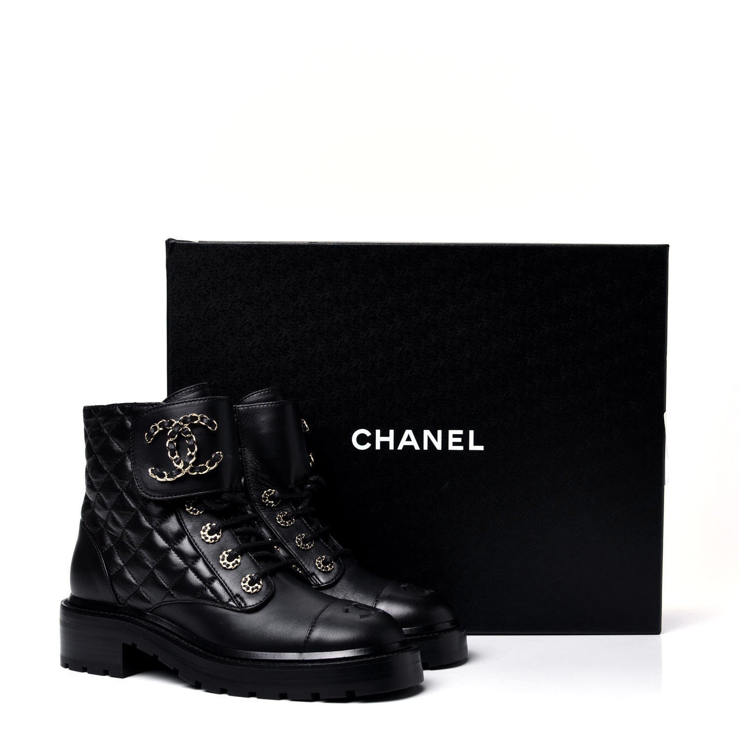 Chanel Shiny Lambskin Quilted Lace Up Combat Boots 36 Black 12 of 12