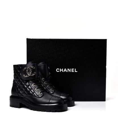Chanel Shiny Lambskin Quilted Lace Up Combat Boots 36 Black 12 of 12
