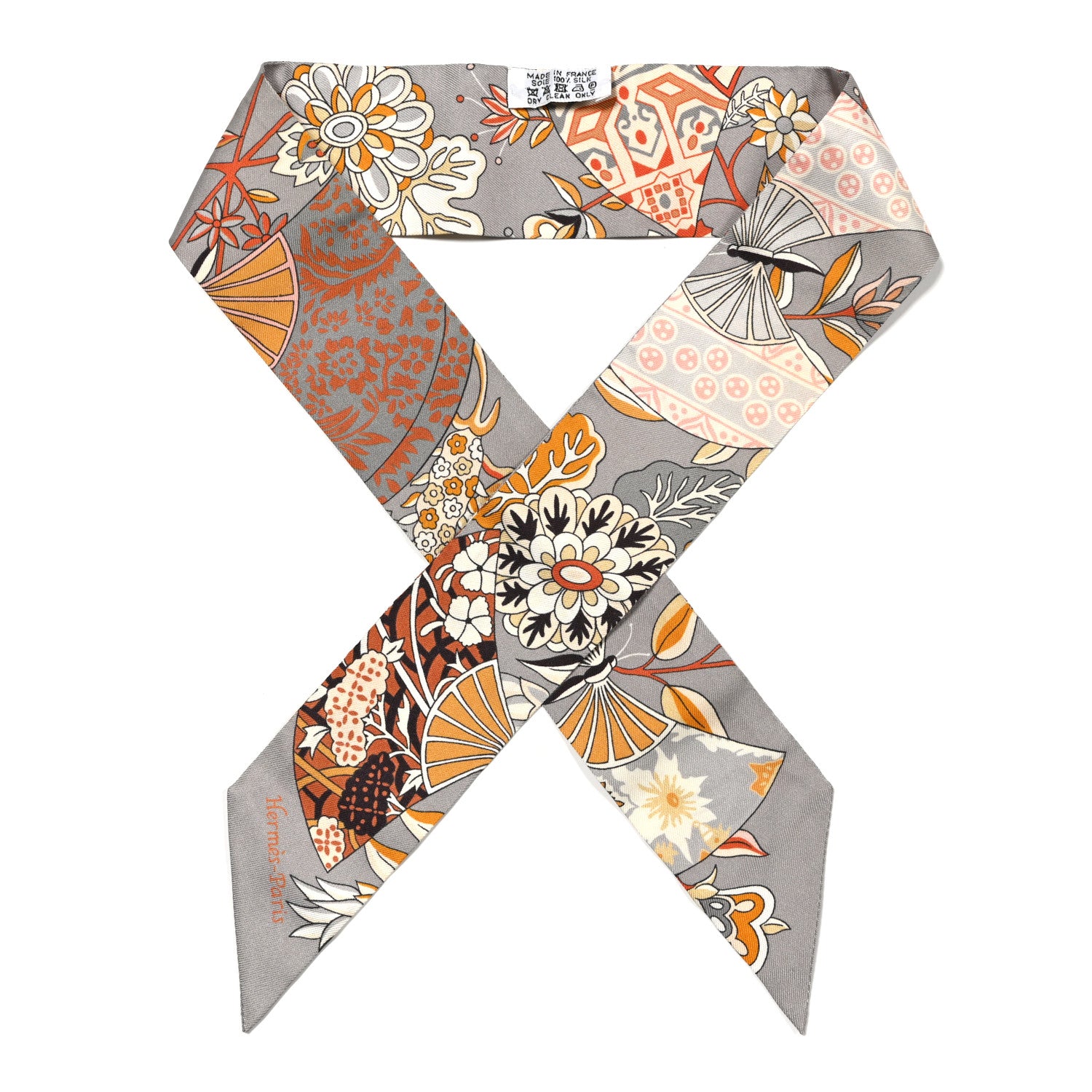 Hermes Silk Fleurs et Papillons de Tissus Twilly Gris Perle Brun Or 1 of 5