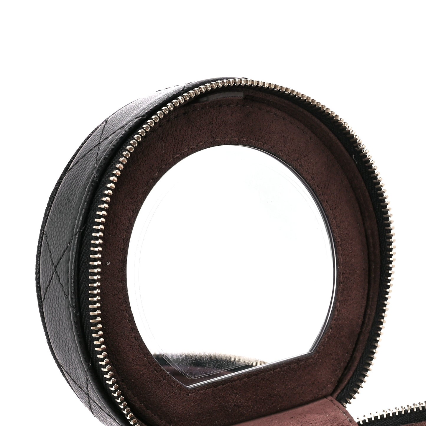 Caviar Quilted Round Top Handle Jewelry Case With Chain Black