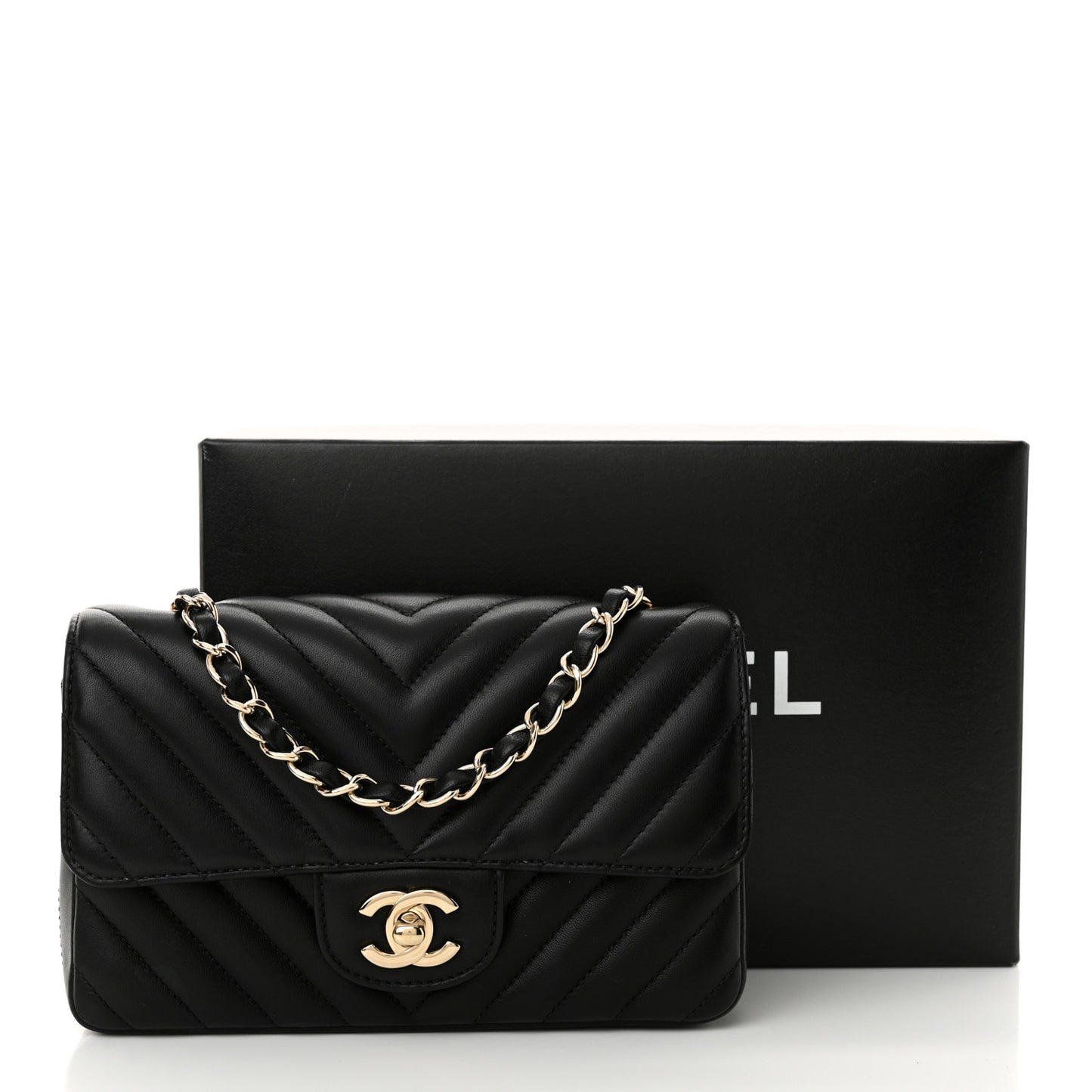 Lambskin Chevron Quilted Mini Rectangular Flap Black