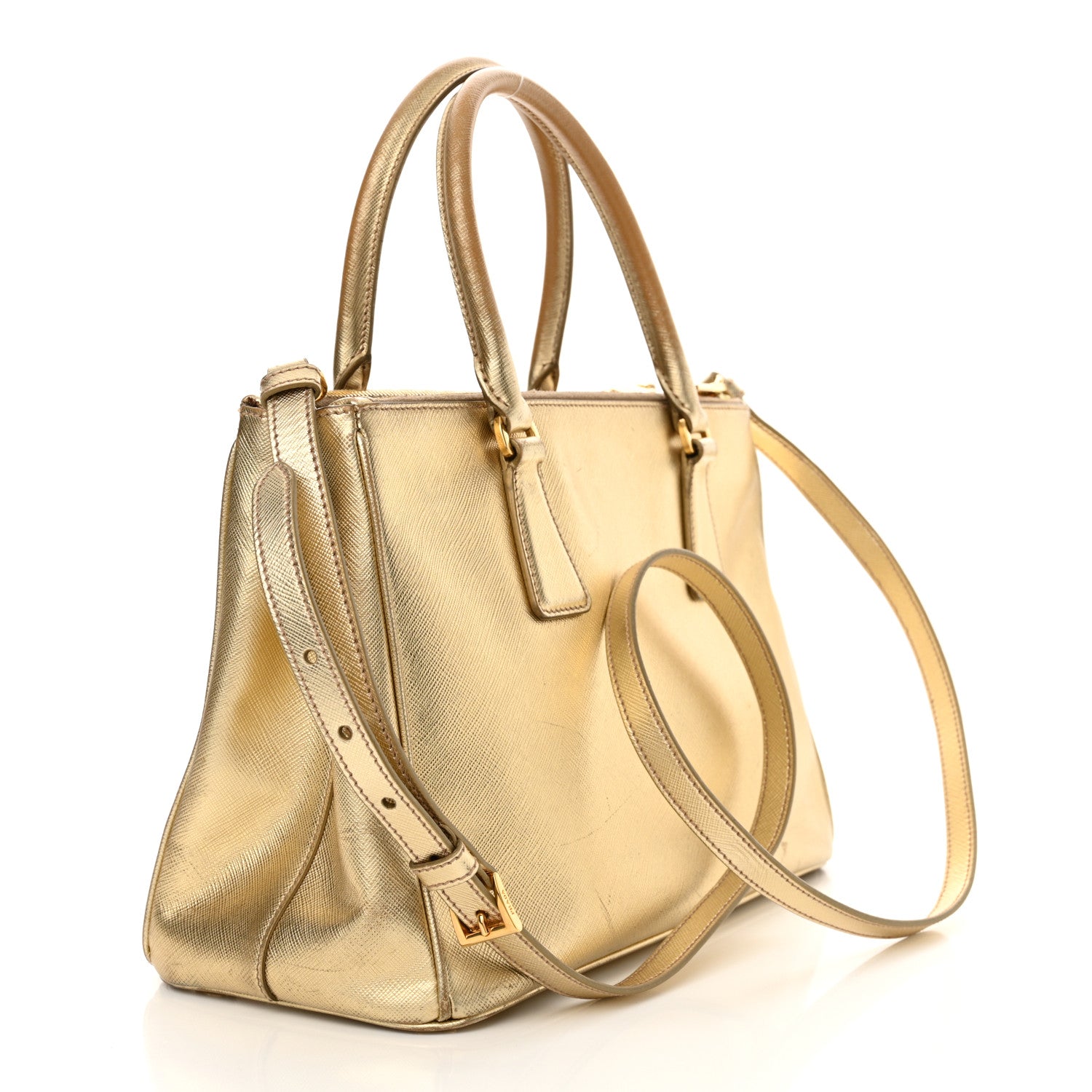 Prada Metallic Saffiano Small Galleria Double Zip Tote Platino