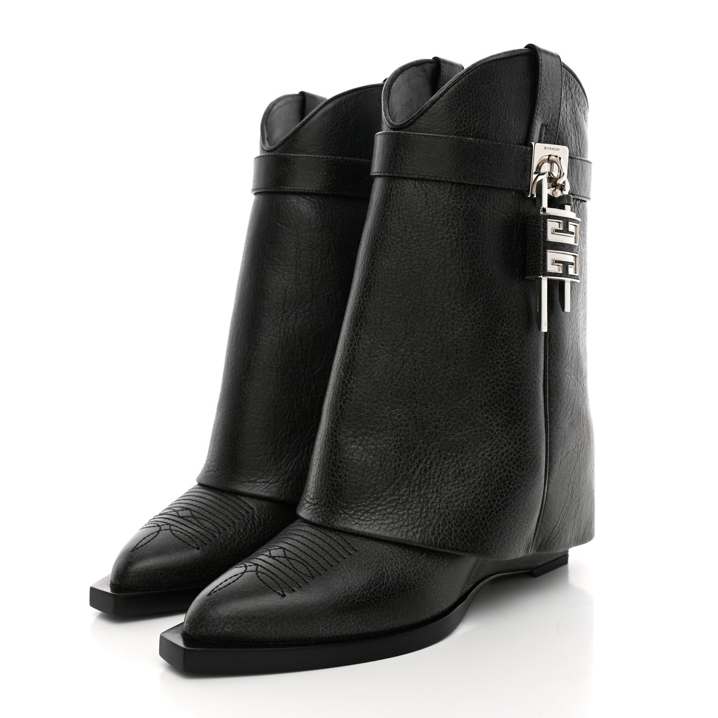 Aged Calfskin Cowboy Shark Lock Ankle Boots  36 Black