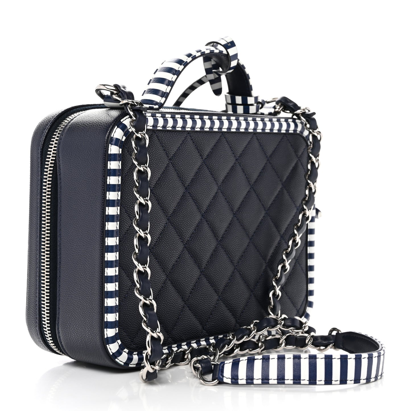 Caviar Quilted Striped Medium CC Filigree Vanity Case Navy White