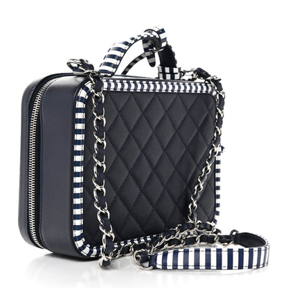 Chanel Caviar Quilted Striped Medium CC Filigree Vanity Case Navy White 3 of 10