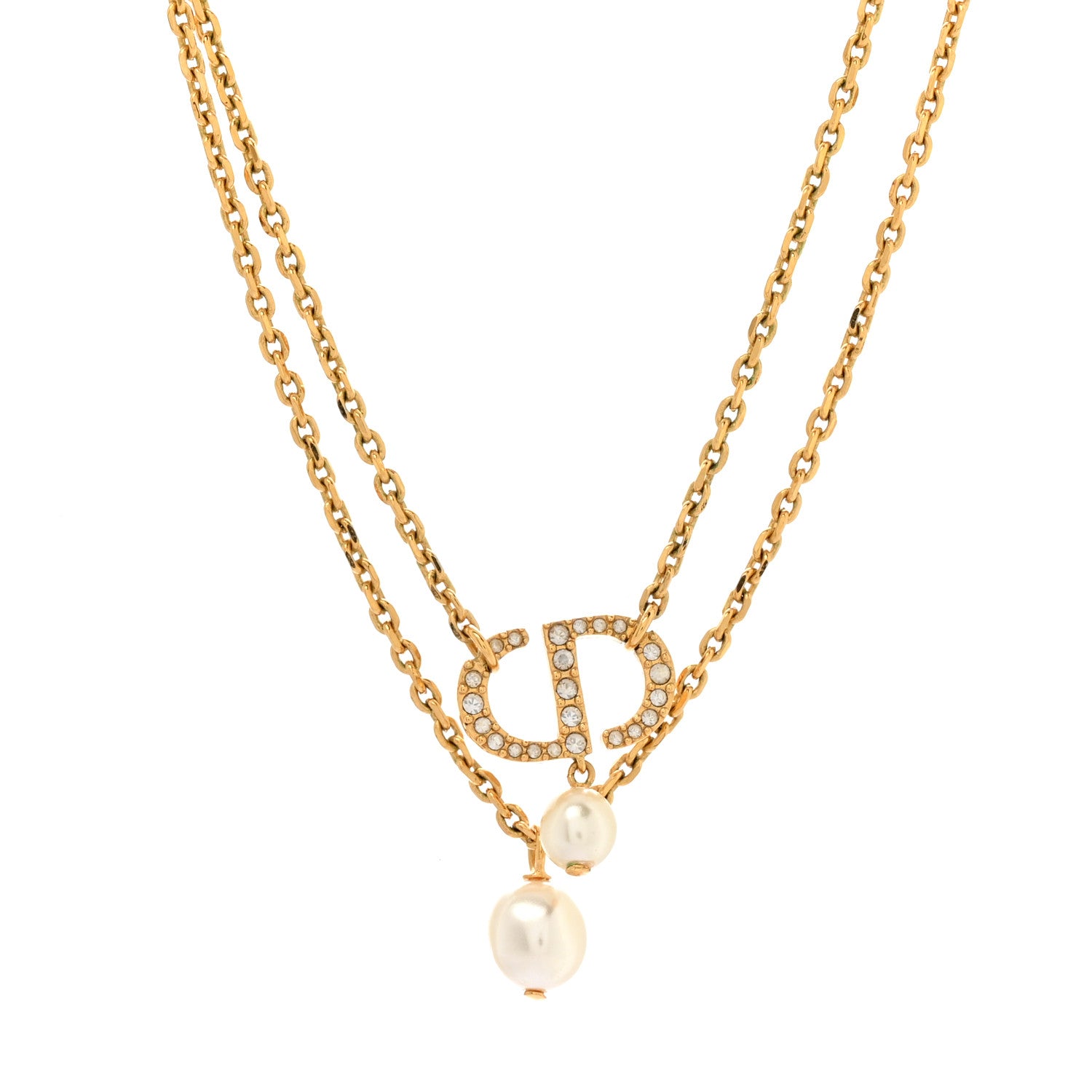 Christian Dior Metal Crystal Pearl CD Necklace Gold 4 of 6