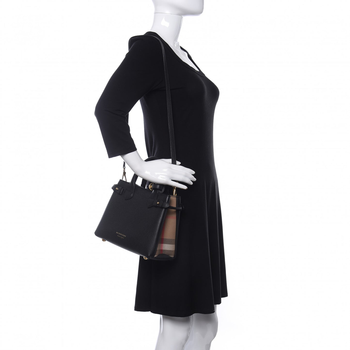 Grainy Calfskin House Check Small Banner Tote Black