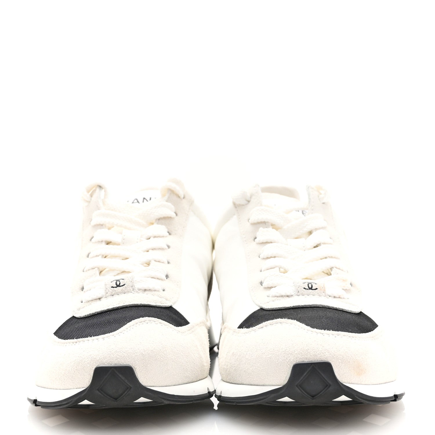 Chanel Nylon Suede Kidskin Calfskin Logo Sneakers 38 White Black 3 of 11