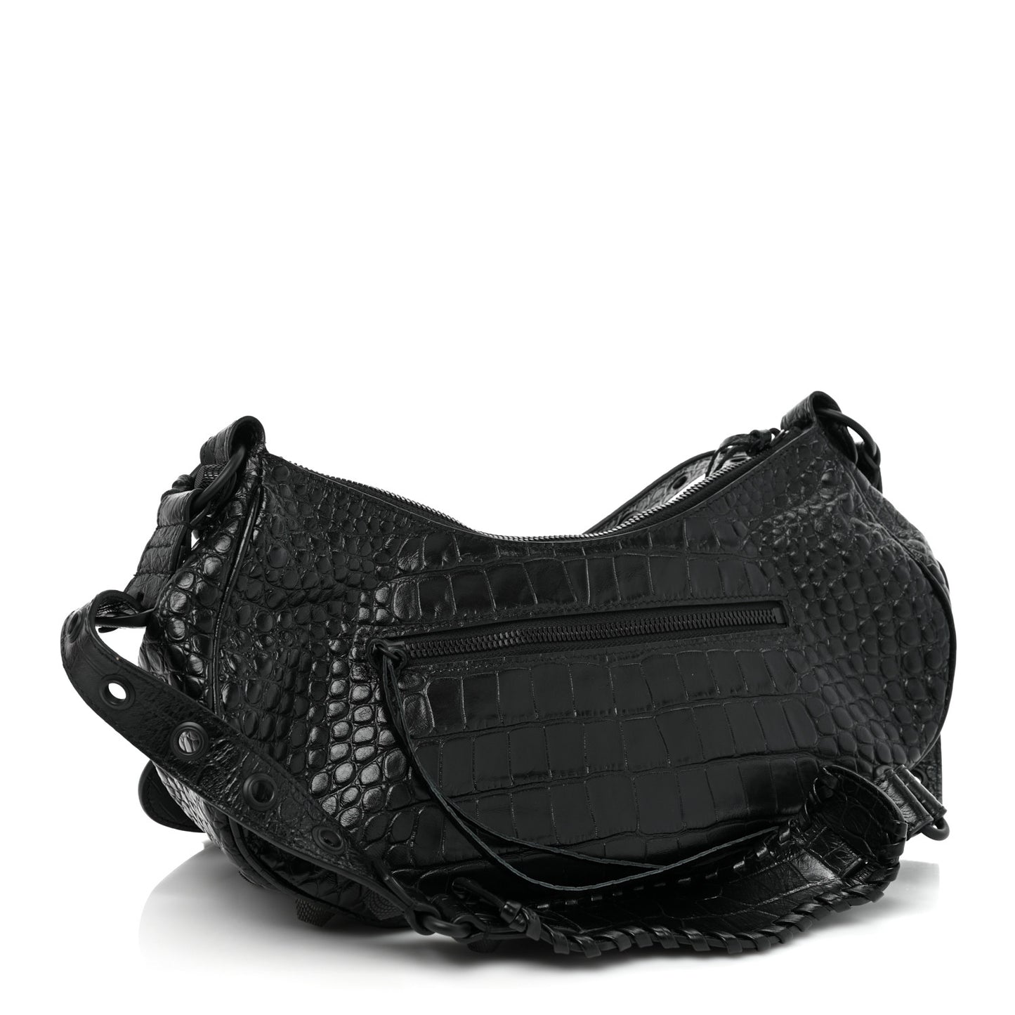 Extra Supple Calfskin Crocodile Embossed Monochrome Small Le Cagole Shoulder Bag Black