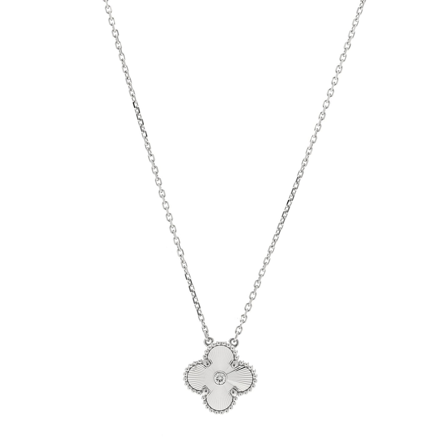 18K White Gold Diamond Guilloche Vintage Alhambra Pendant Necklace