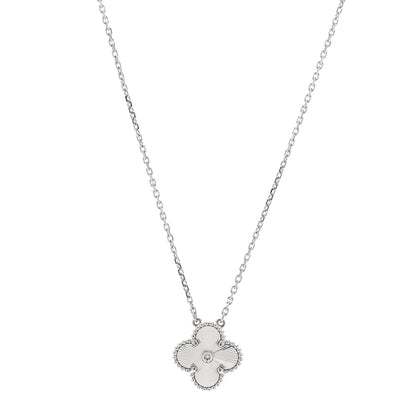 Van Cleef & Arpels 18K White Gold Diamond Guilloche Vintage Alhambra Pendant Necklace 1 of 5