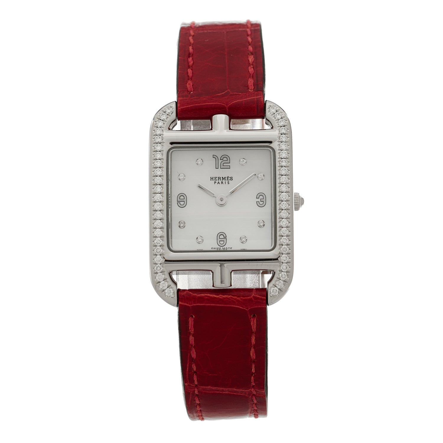 Hermes Stainless Steel Alligator Diamond Bezel Mother of Pearl 23mm Cape Cod Quartz Watch Braise 1 of 5
