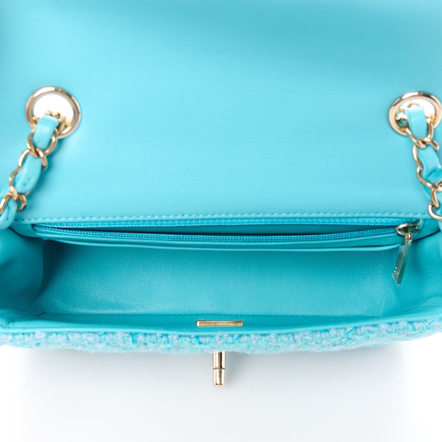 Chanel Wool Tweed Quilted Mini Rectangular Flap Turquoise Light Blue 5 of 12