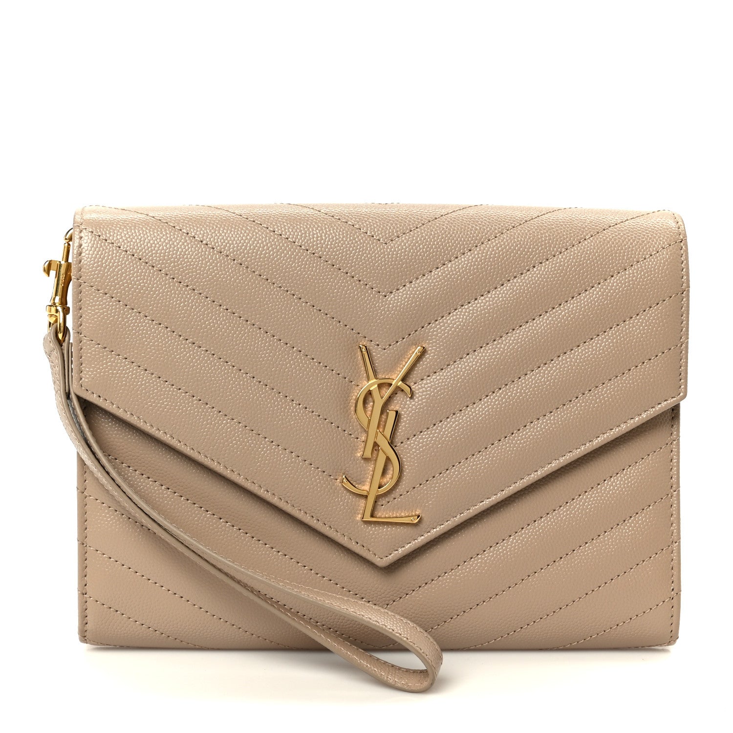 Saint Laurent Grain De Poudre Matelasse Chevron Monogram Cassandre Flap Pouch Dark Beige 1 of 9