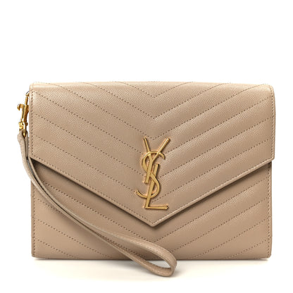 Saint Laurent Grain De Poudre Matelasse Chevron Monogram Cassandre Flap Pouch Dark Beige 1 of 9