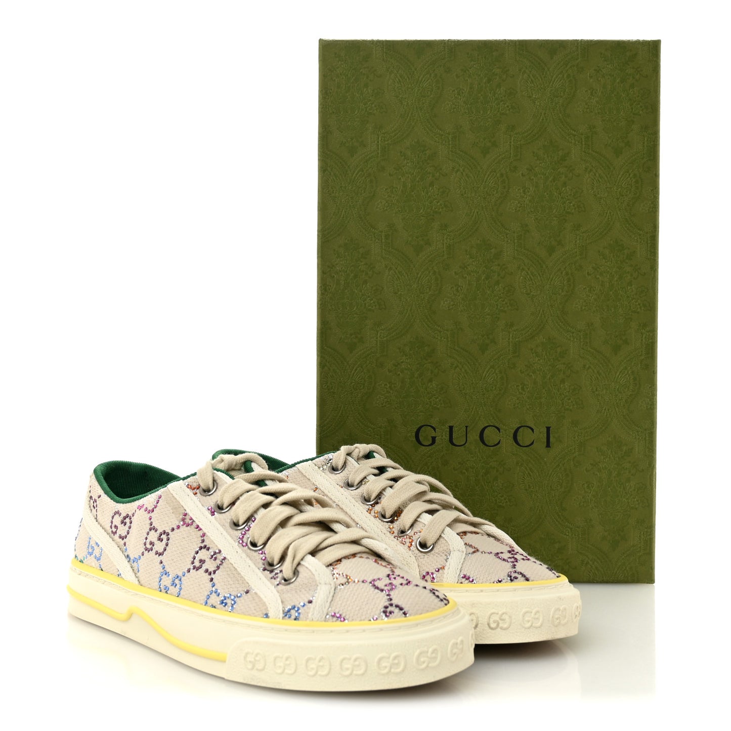 Canvas Lame Crystal GG Monogram Womens 1977 Tennis Sneakers 36 Gardenia Silver Mystic White