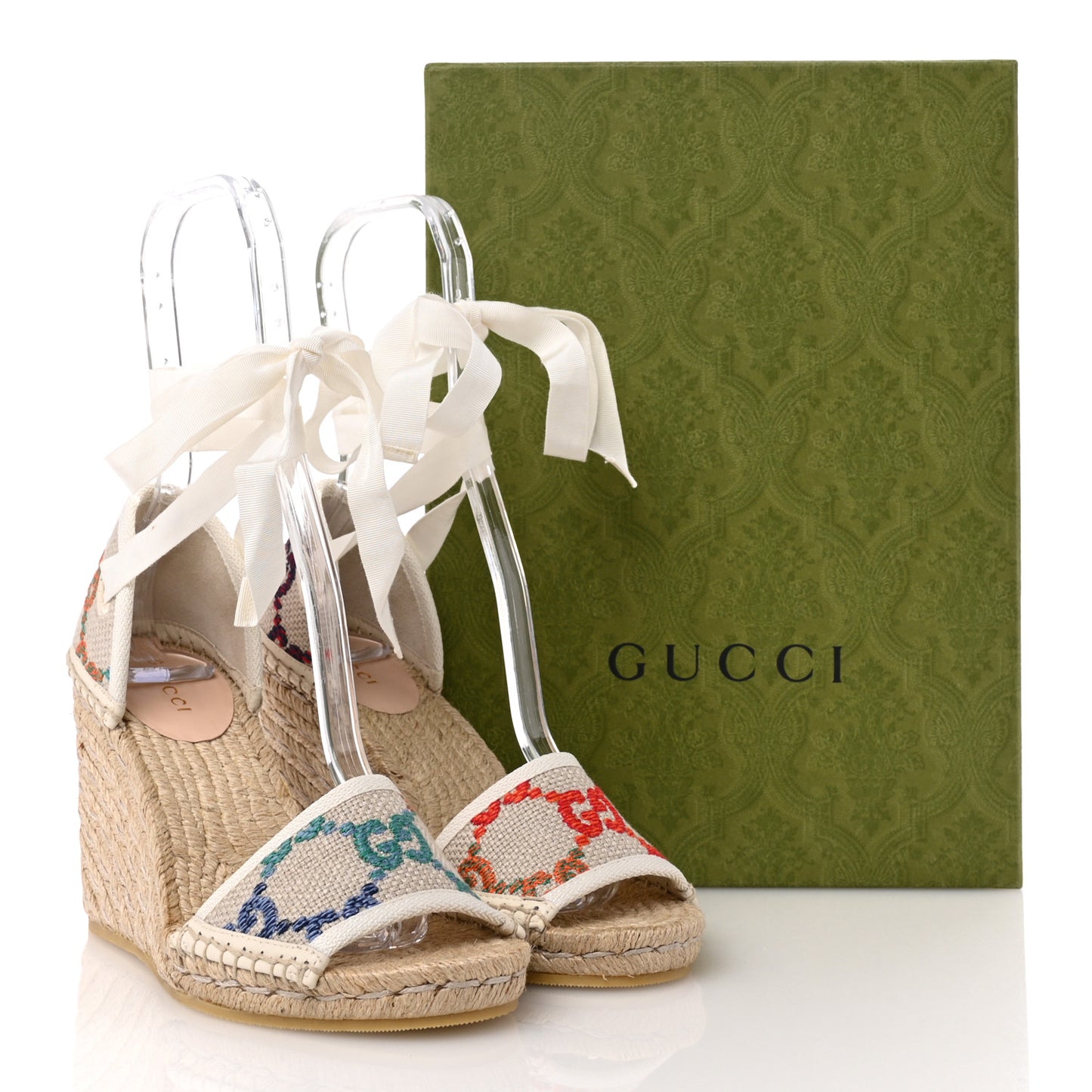 Linen Psychedelic Mini GG Monogram Ankle Wrap Platform Espadrille Wedge Sandals 36.5 Multicolor Mystic White