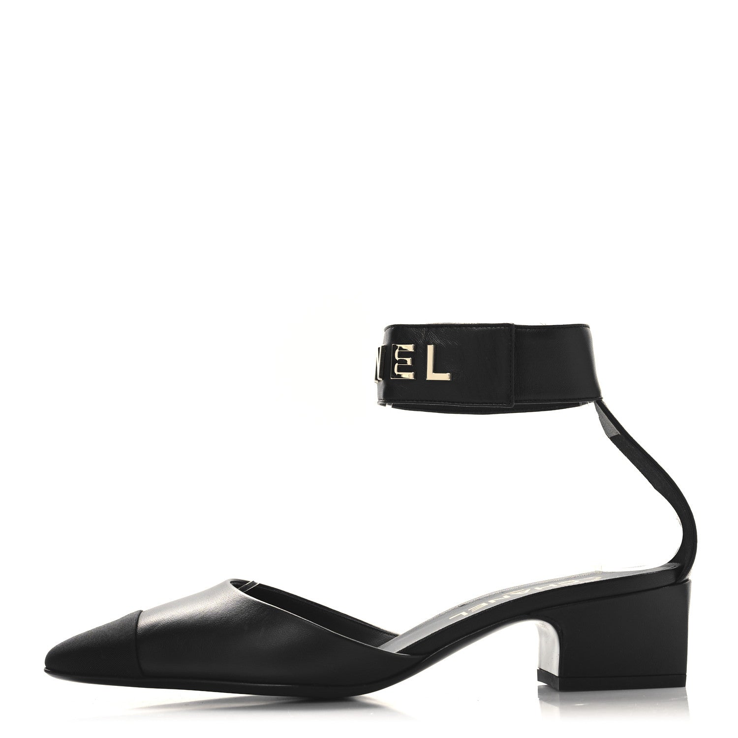 Chanel Lambskin Grosgrain Cap Toe Logo Ankle Strap Pumps 39 Black 1 of 10
