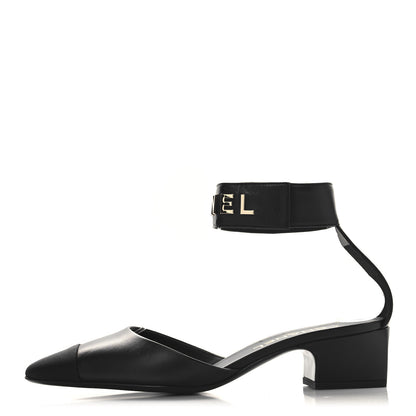 Chanel Lambskin Grosgrain Cap Toe Logo Ankle Strap Pumps 39 Black 1 of 10