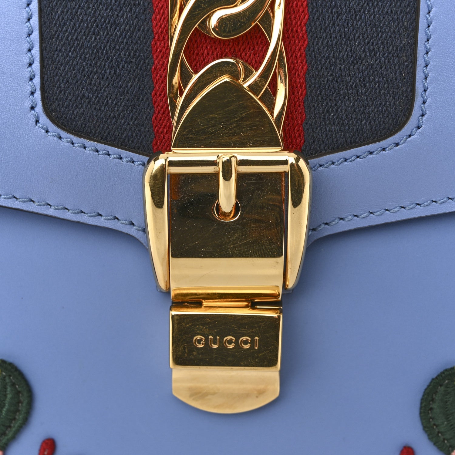 Gucci Calfskin Embroidered Medium Sylvie Top Handle Bag Clear Sky Blue 11 of 14