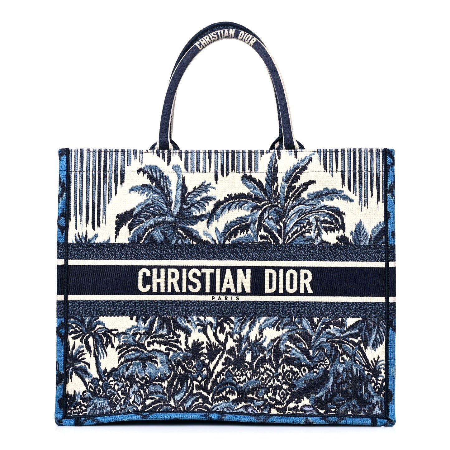 Canvas Embroidered Large Palm Tree Toile De Jouy Book Tote Blue Multicolor