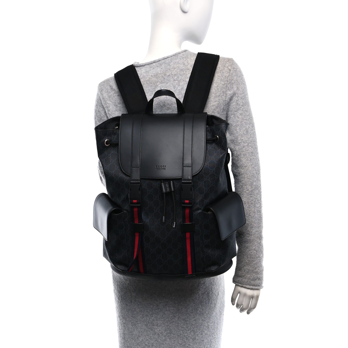 Soft GG Supreme Monogram Calfskin Web Double Buckle Backpack Black