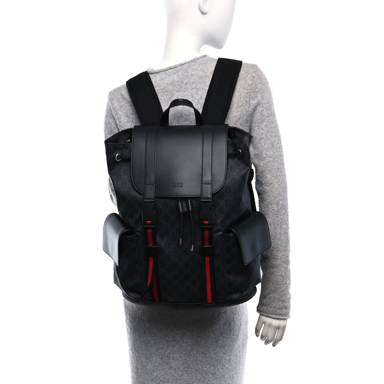 Gucci Soft GG Supreme Monogram Calfskin Web Double Buckle Backpack Black 2 of 11