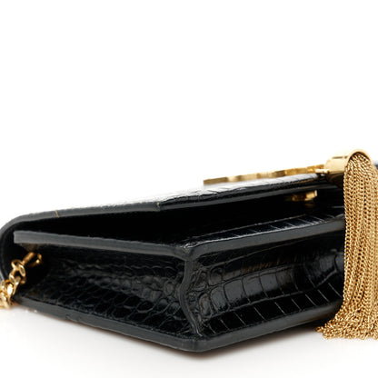 Saint Laurent Calfskin Crocodile Embossed Kate Monogram Tassel Chain Wallet Black 10 of 12