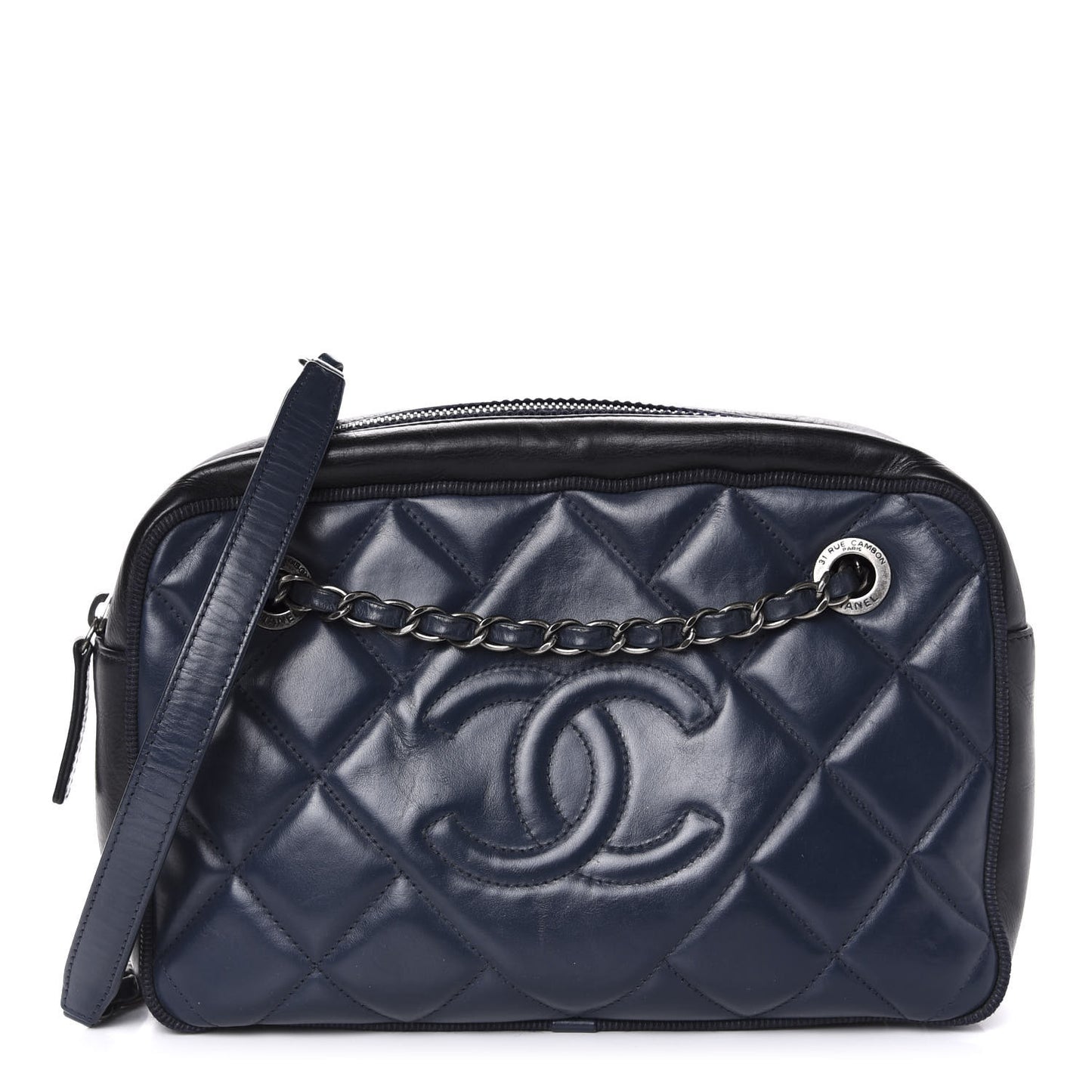 Lambskin Quilted Small Diamond CC Camera Case Blue Black