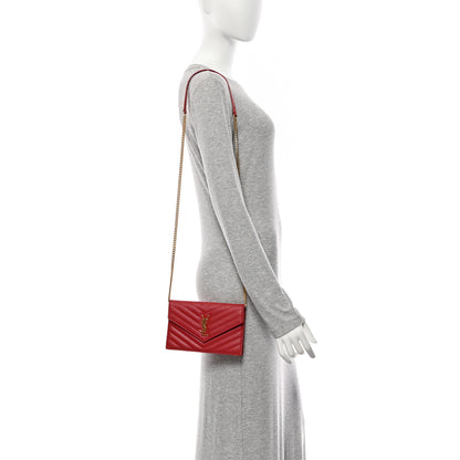 Saint Laurent Grain De Poudre Matelasse Chevron Monogram Envelope Chain Wallet New Red 2 of 10