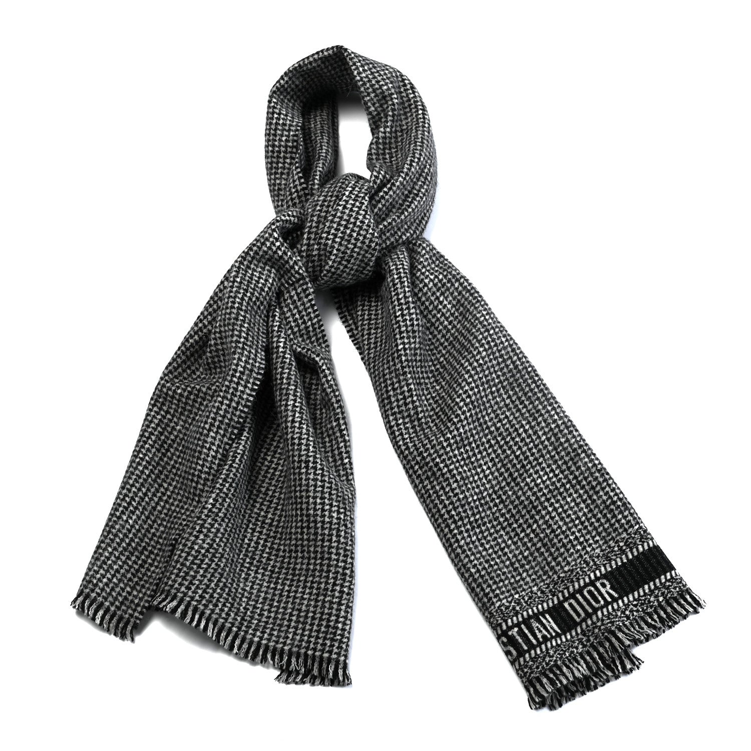 Christian Dior Wool Silk Houndstooth Fringe Scarf Beige Black 1 of 3