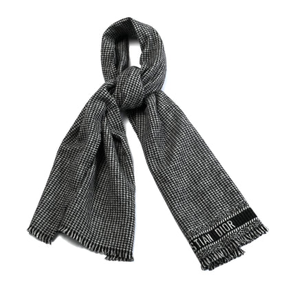 Christian Dior Wool Silk Houndstooth Fringe Scarf Beige Black 1 of 3