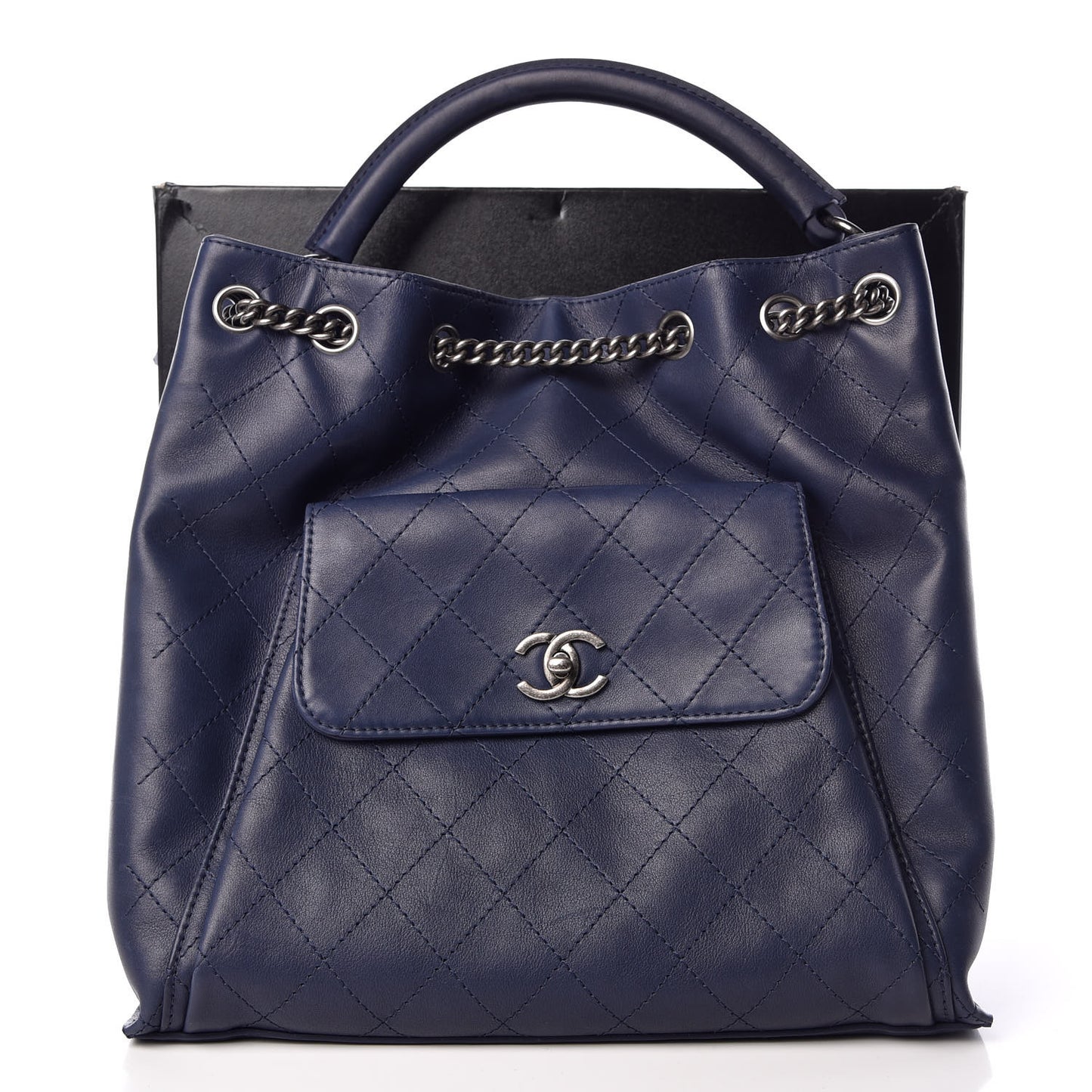 Calfskin Stitched Large Urban Luxury Drawstring Backpack Navy Blue
