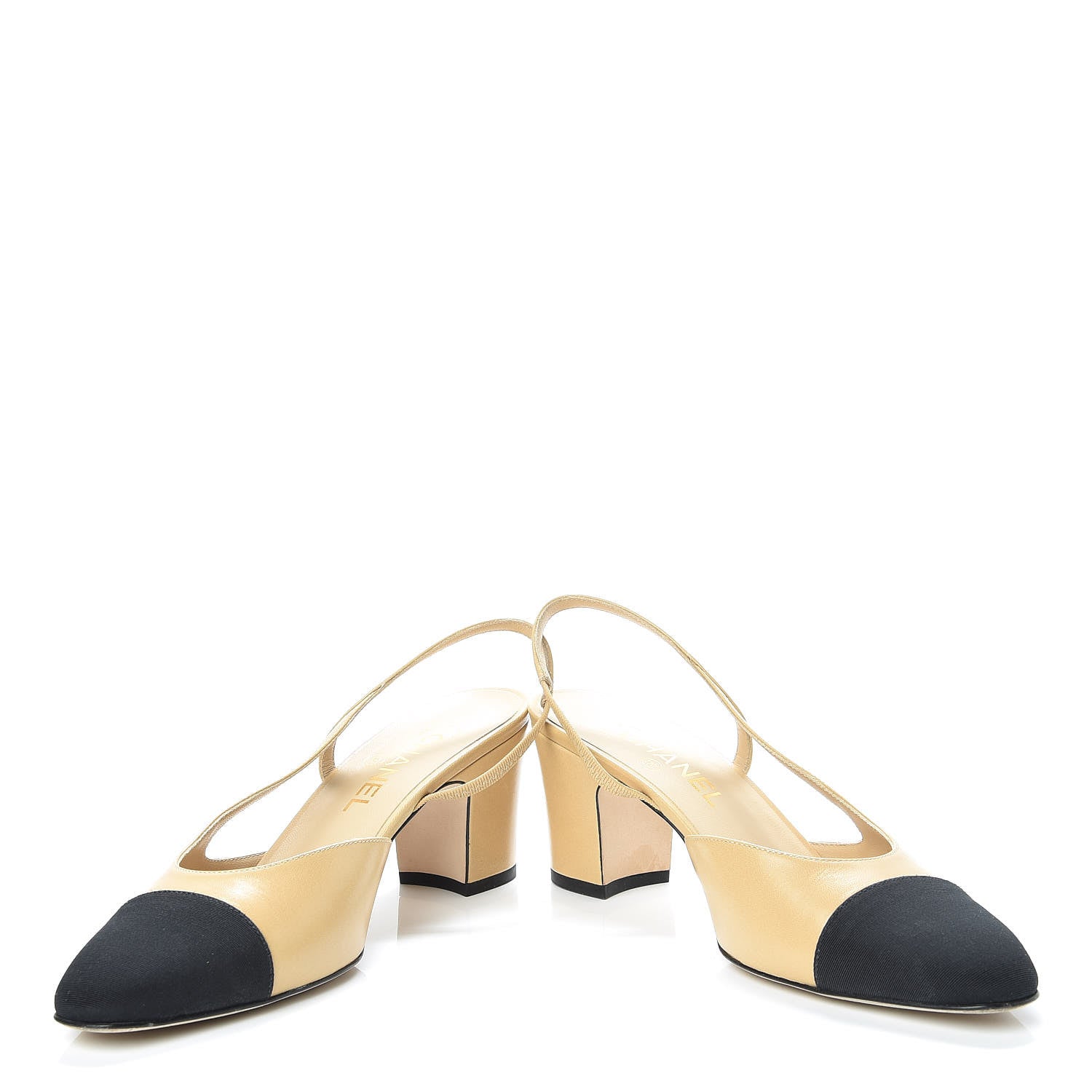 Chanel Goatskin Grosgrain Cap Toe CC Slingback Pumps 39.5 Beige Black 6 of 16